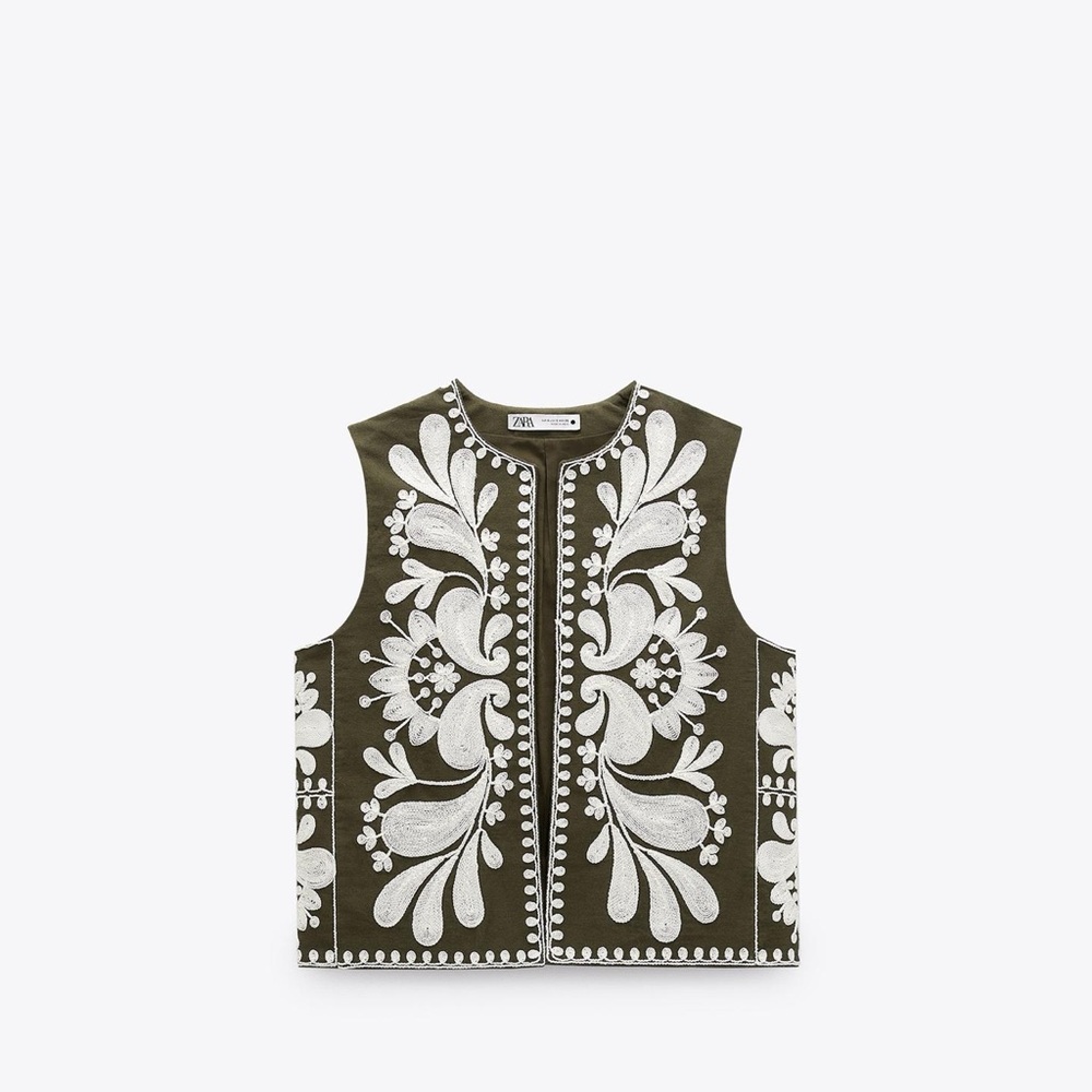 Zara Khaki Green Vest with White Embroidery